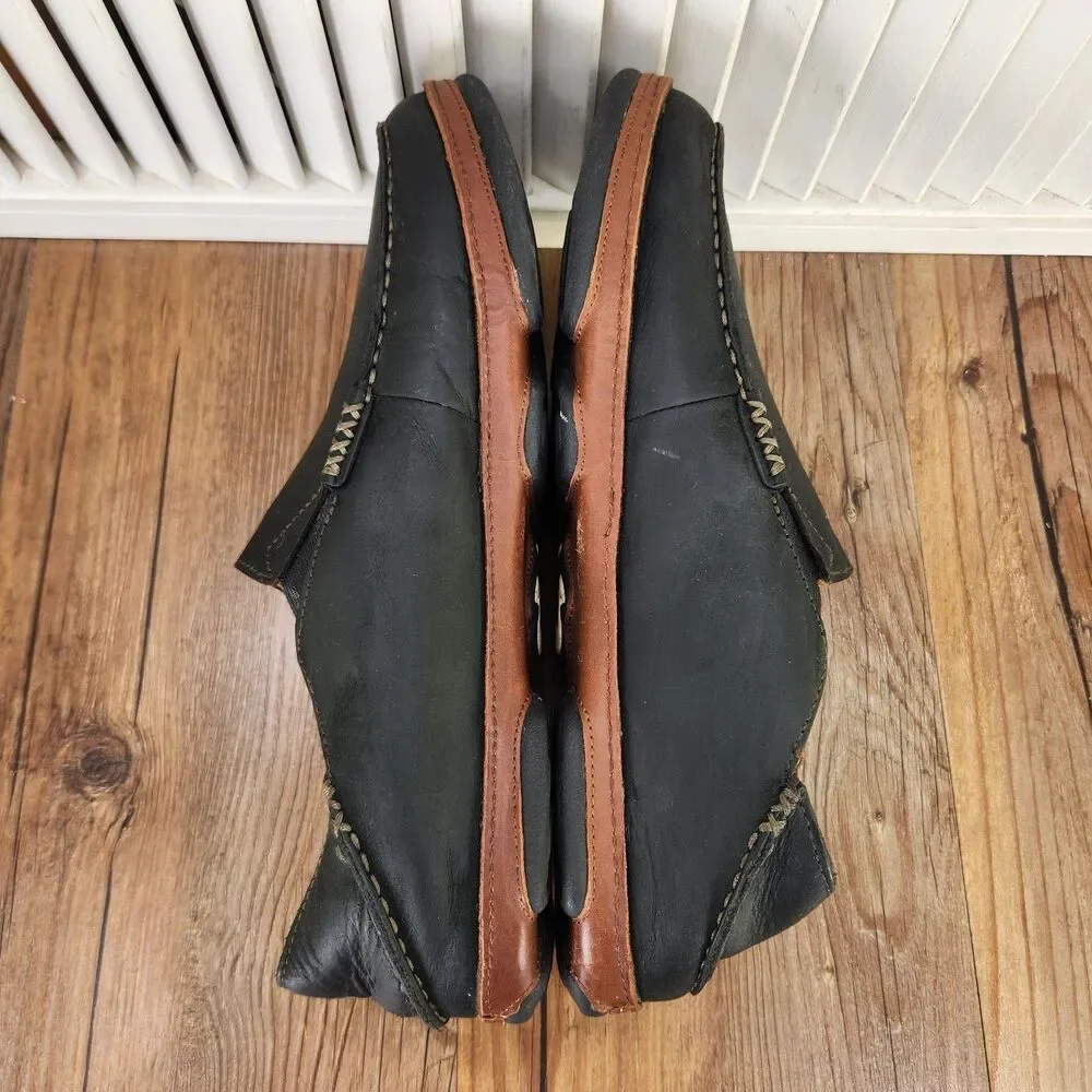 Olukai Moloa Leather Slip On Shoes Mens Sz 10 Black Brown Casual Moc Toe Loafers